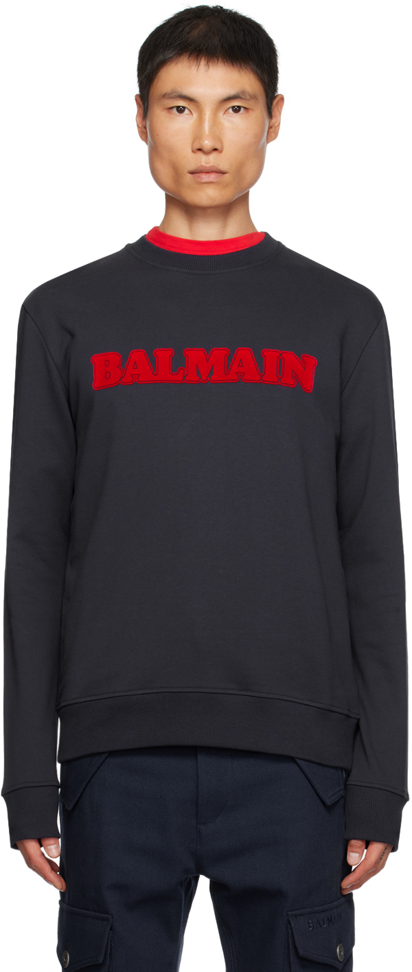 Shop Balmain Navy Retro Flocked Sweatshirt In Sja Marine/rouge