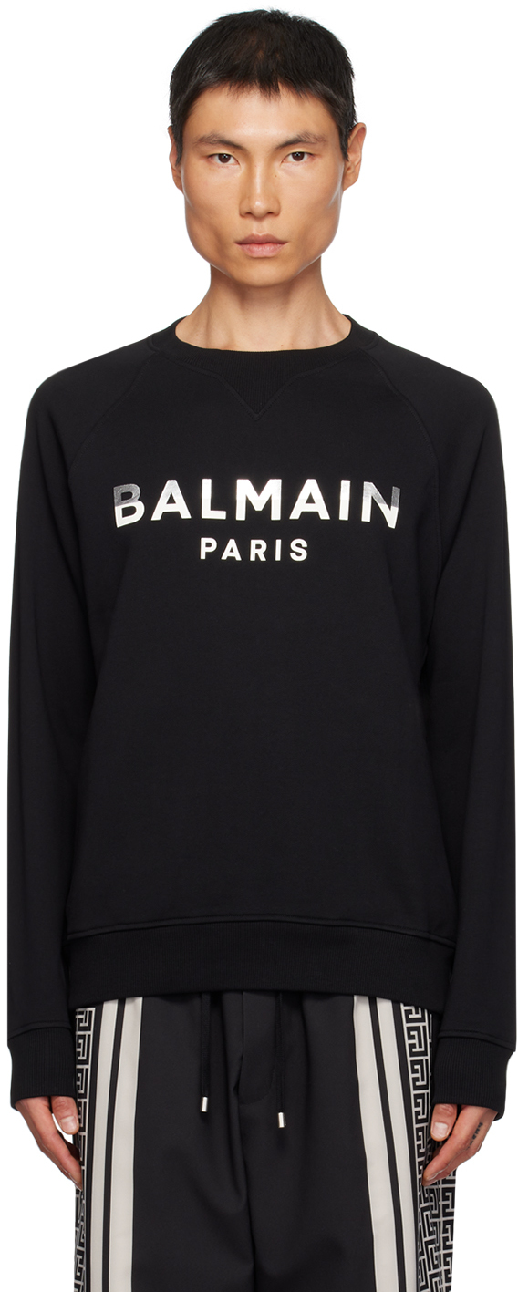 Shop Balmain Black Print Sweatshirt In Ehz Noir/argent/crem