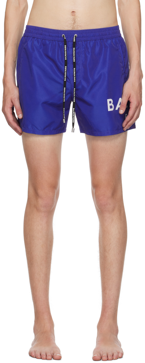 Blue & White Drawstring Swim Briefs by Balmain on Sale