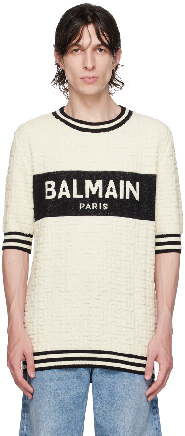 Shop Balmain Off-white Jacquard T-shirt In Gkp Naturel/noir
