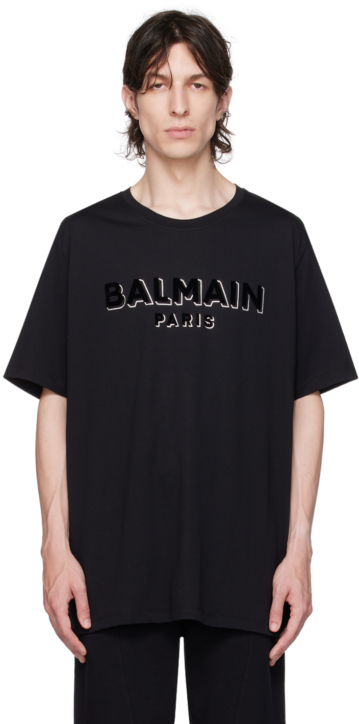 Shop Balmain Black Flocked T-shirt In Ejo Noir/noir/argent