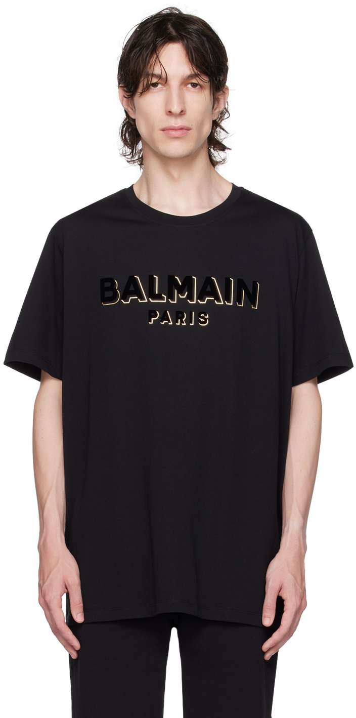 Balmain Black Flocked T-shirt In Ego Noir/noir/or