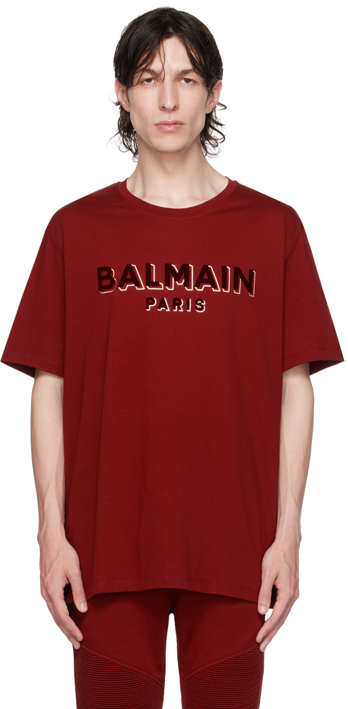 Shop Balmain Red Flocked T-shirt In Mdq Rouge Foncé/bor
