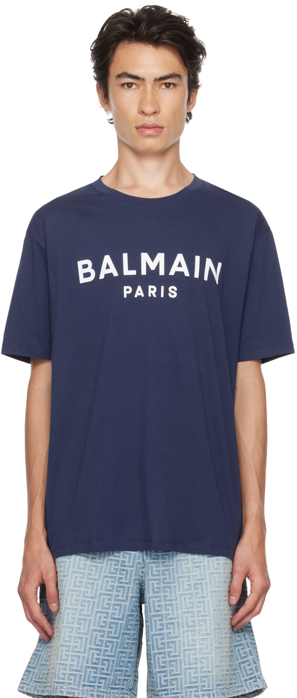 Balmain Navy Printed T-shirt In Sjw Marine/blanc