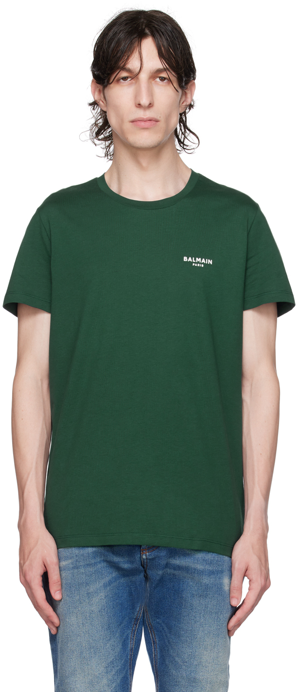 Shop Balmain Green Flocked T-shirt In Ufk Vert Foncé/natu