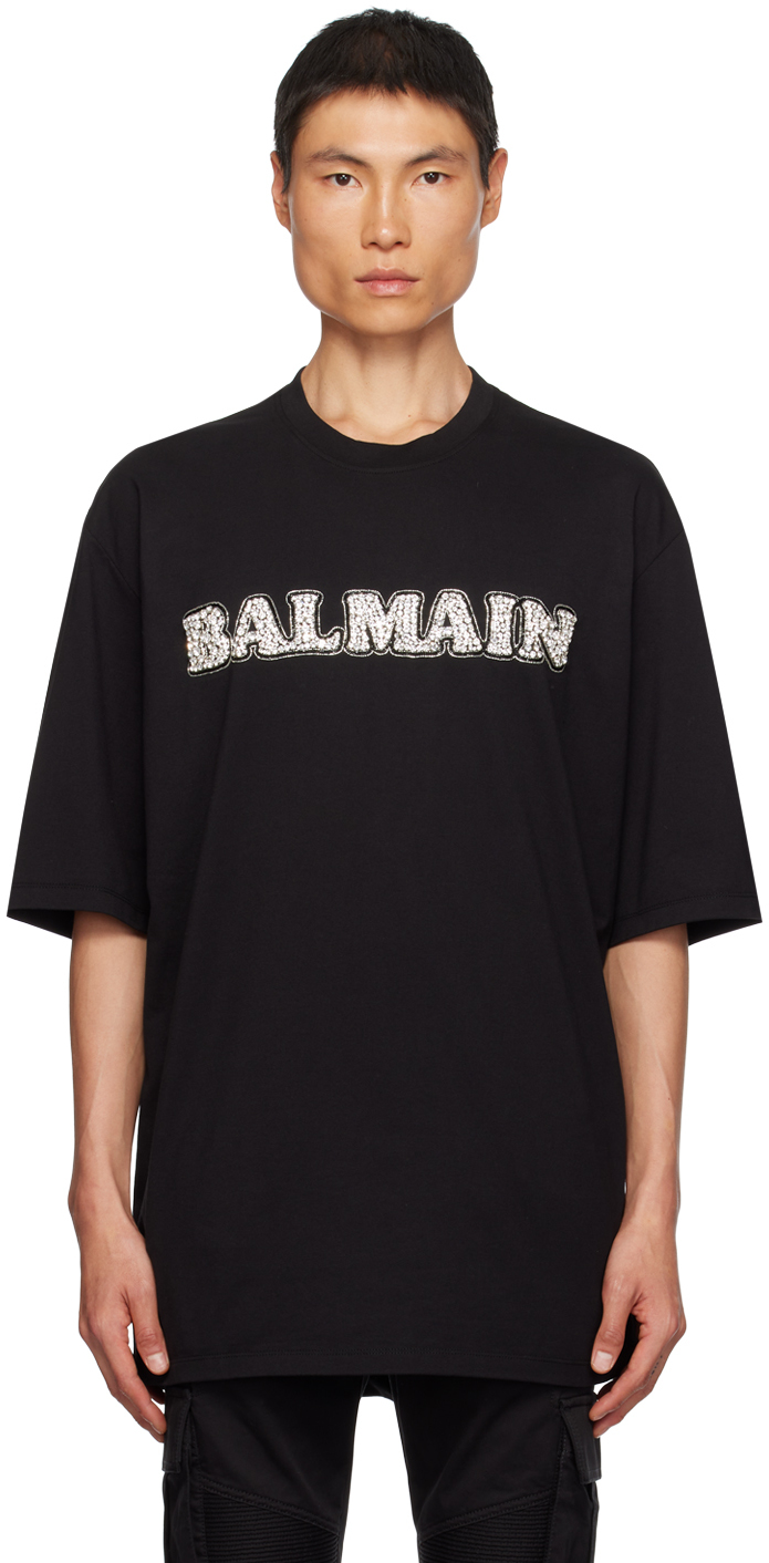 Balmain: Black Rhinestone T-Shirt | SSENSE