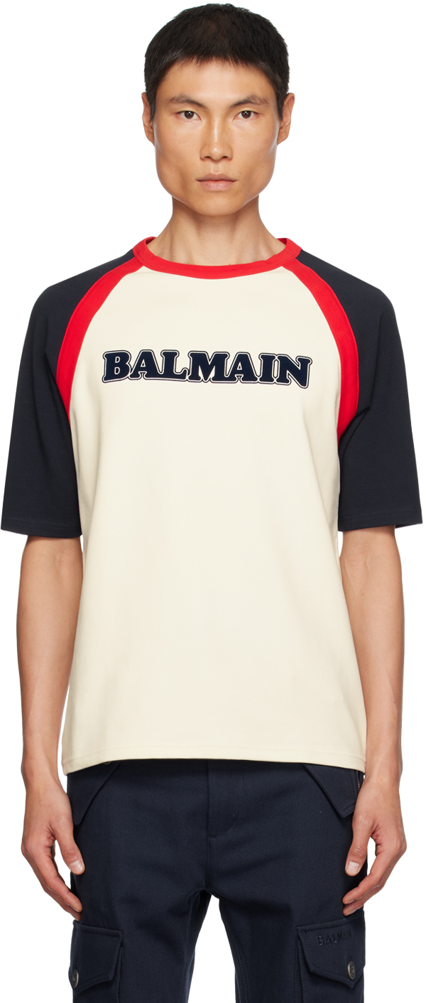 Balmain Off-White & Navy Retro T-Shirt