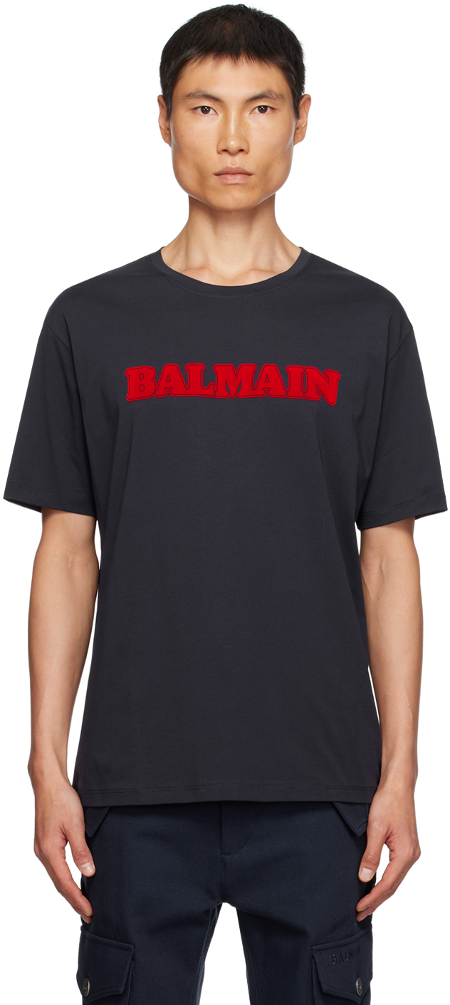 Balmain Navy Retro Flocked T-Shirt
