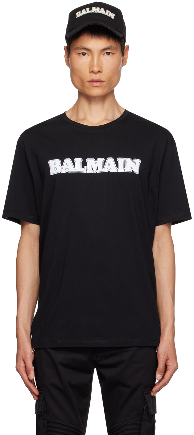Balmain: Black Retro Flocked T-Shirt | SSENSE