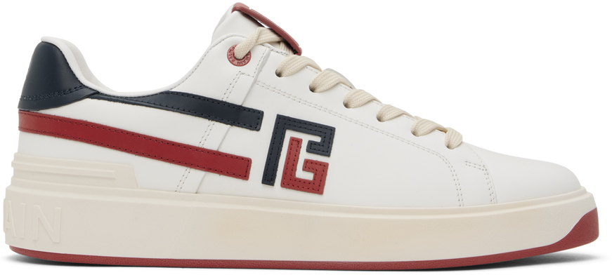 Balmain White B-court Sneakers In Geu Blanc/bleu/rouge