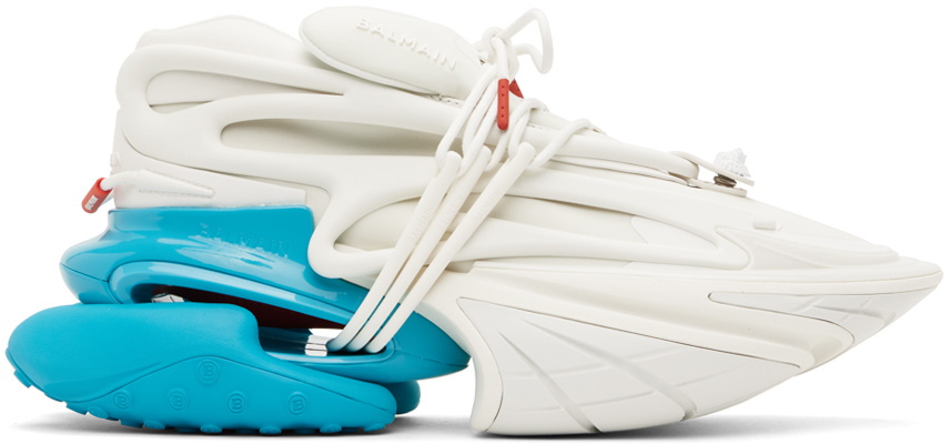 Shop Balmain White & Blue Unicorn Sneakers In Gnv Blanc/bleu Fluo
