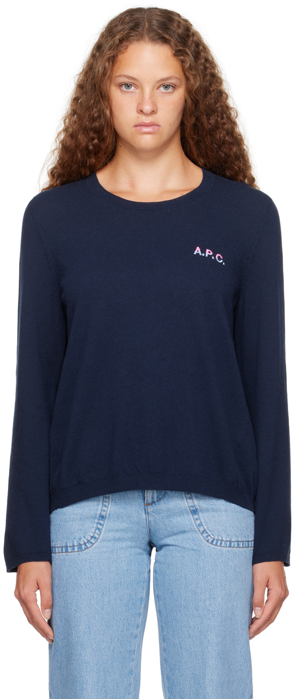 Shop Apc Navy Embroidered Sweater In Marine /rose