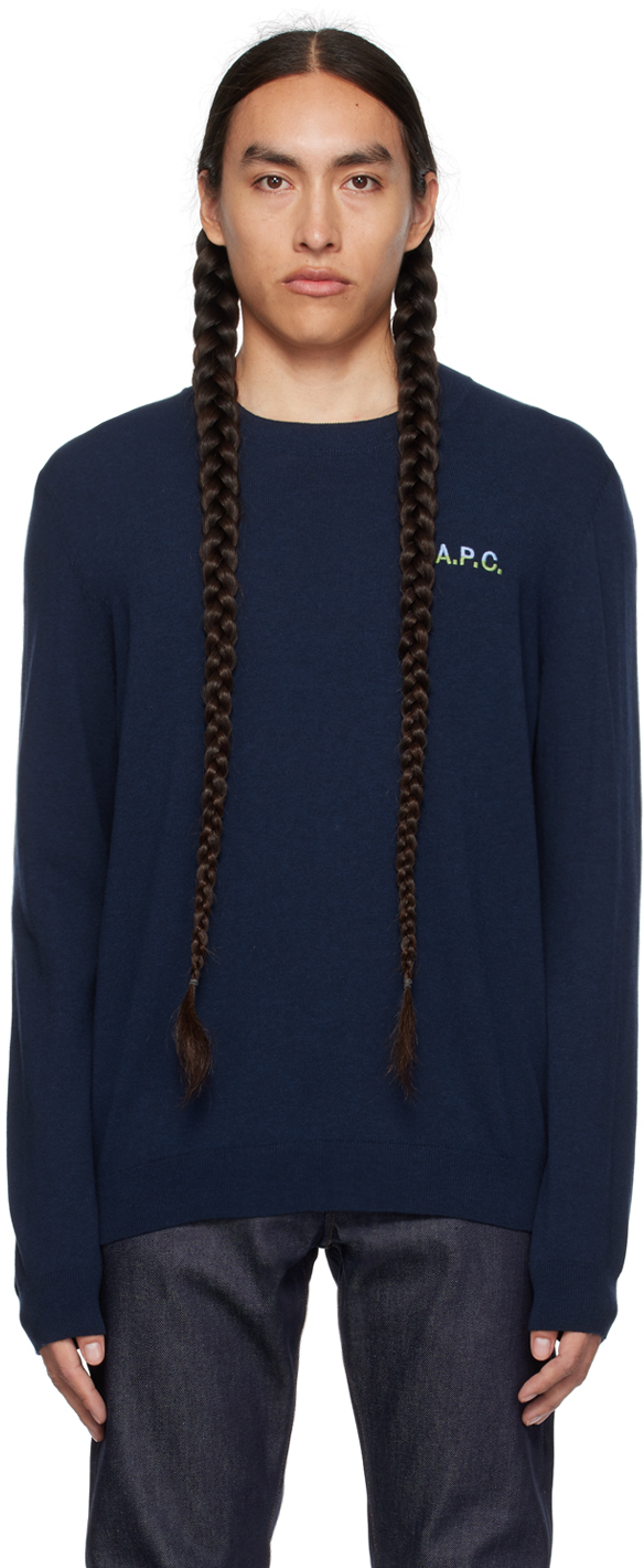 Apc Navy Embroidered Sweater In Marine/bleu Clair