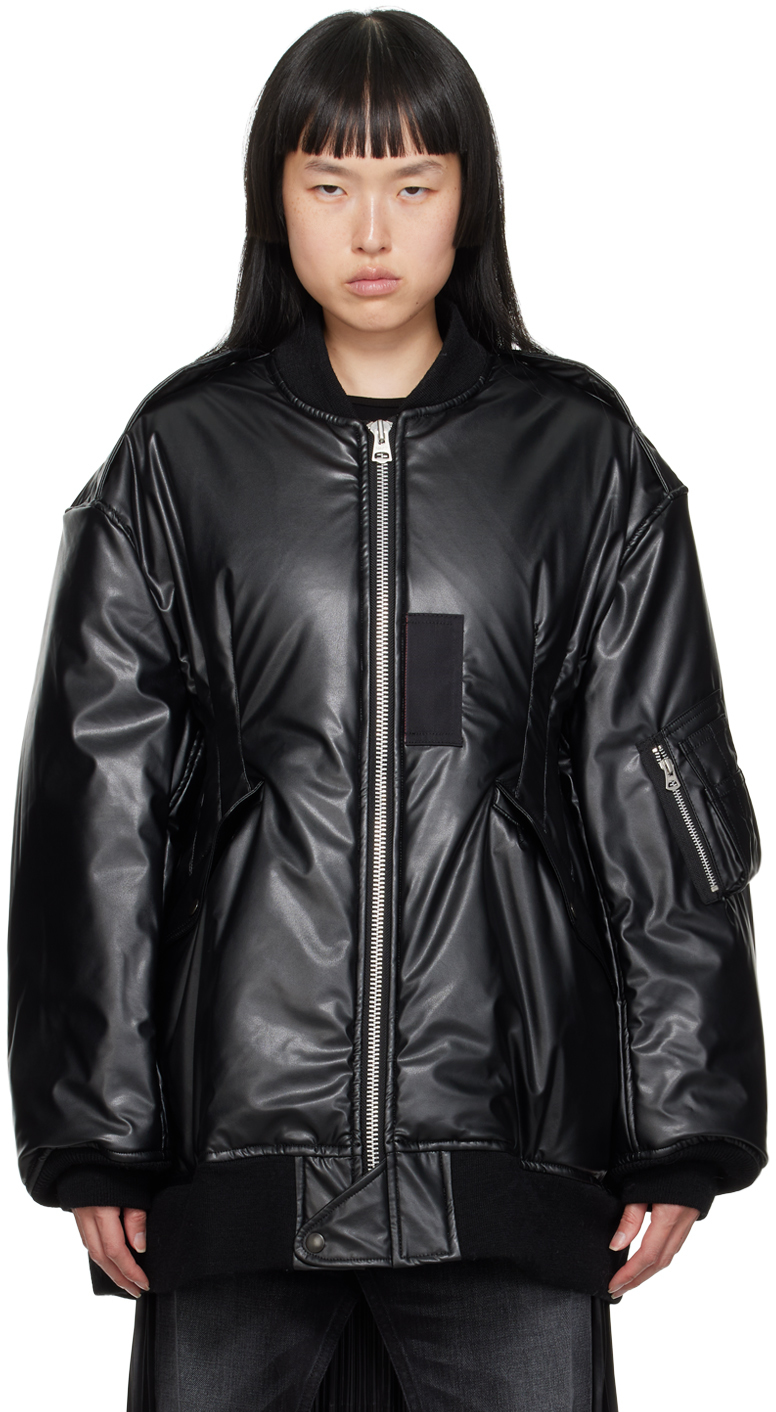 Black Insulated Faux-Leather Bomber Jacket
