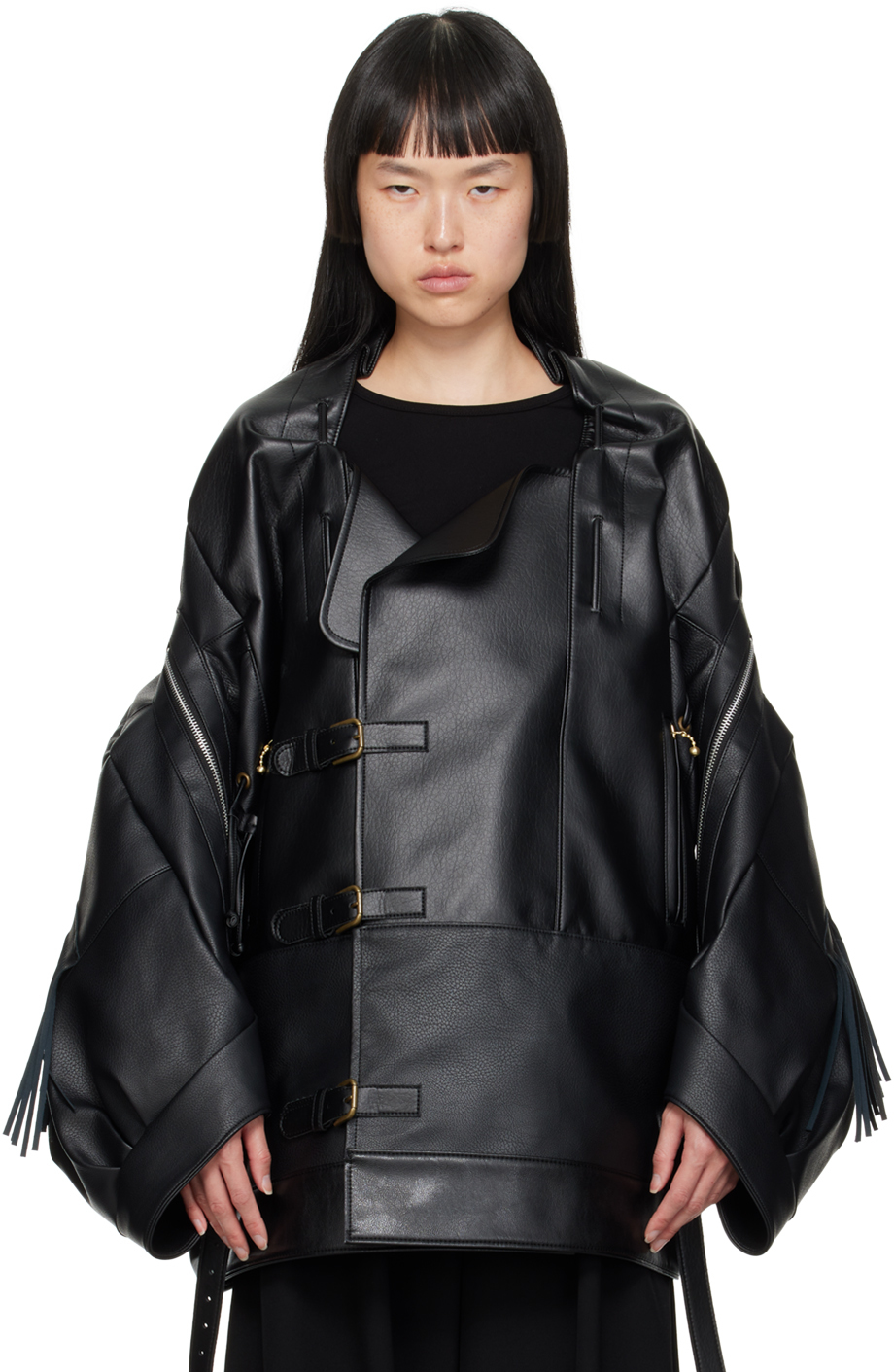 Black Fringe Faux-Leather Coat