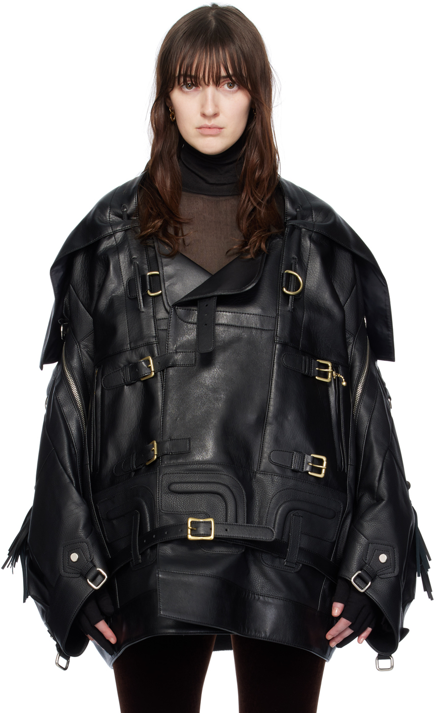 Black Fringed Faux-Leather Jacket