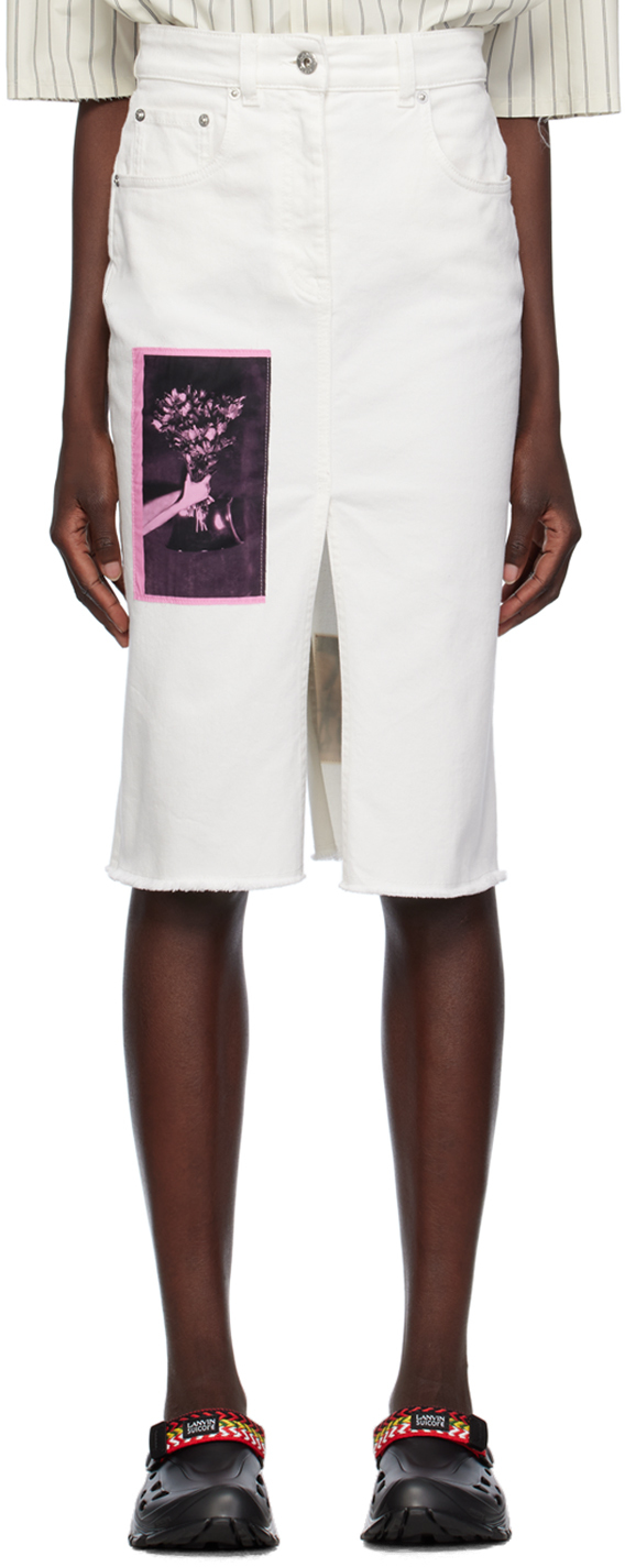 Lanvin White Patch Denim Midi Skirt In 01 Optic White