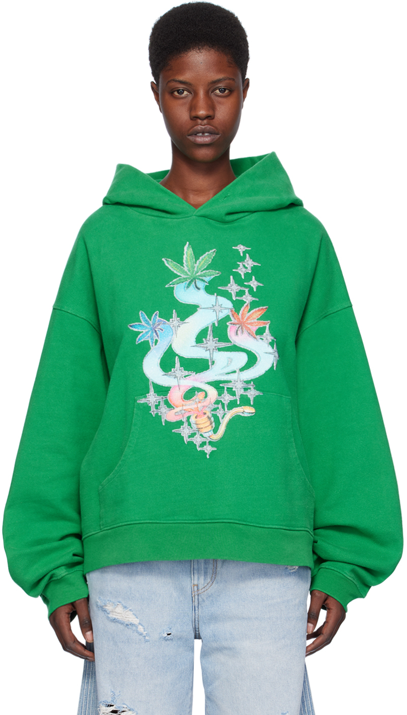 Erl Leaf-print Cotton Hoodie In 1 Green