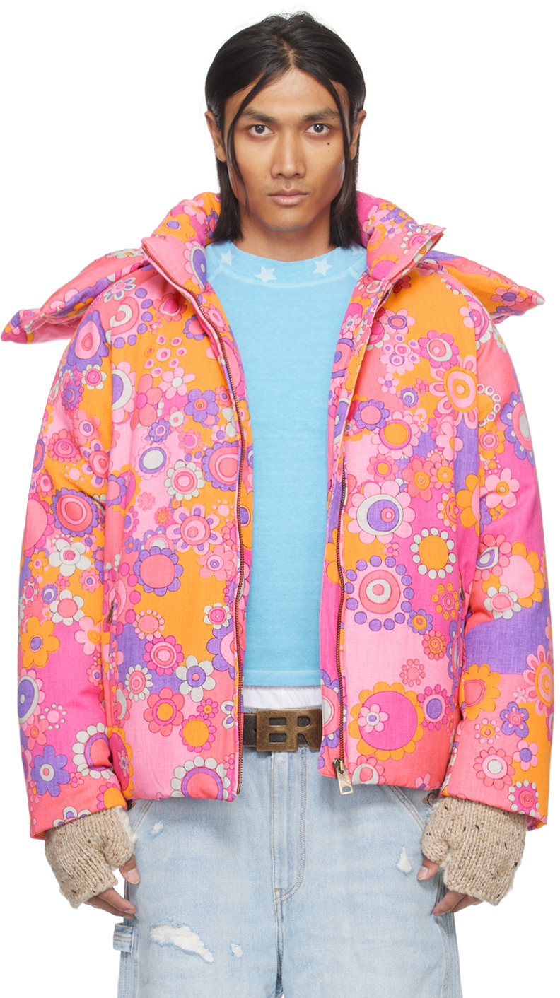 Shop Erl Pink Floral Down Jacket In Fuscia