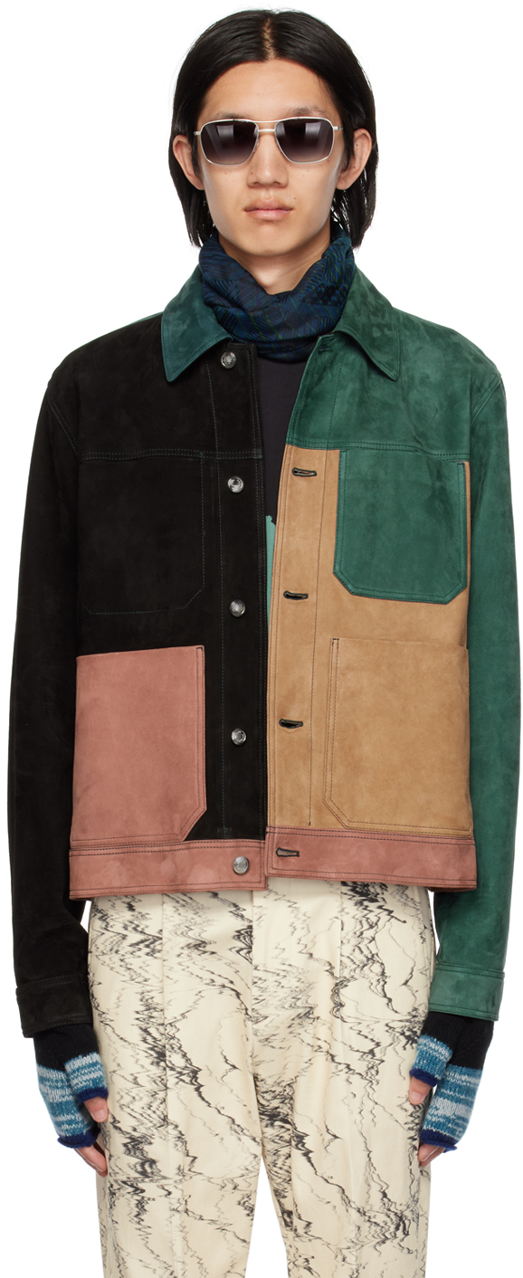 Paul Smith Green & Black Colourblock Leather Jacket In 37b Greens