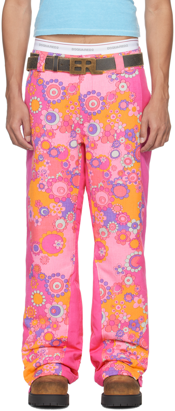 Erl Pink Floral Down Trousers In Fuscia