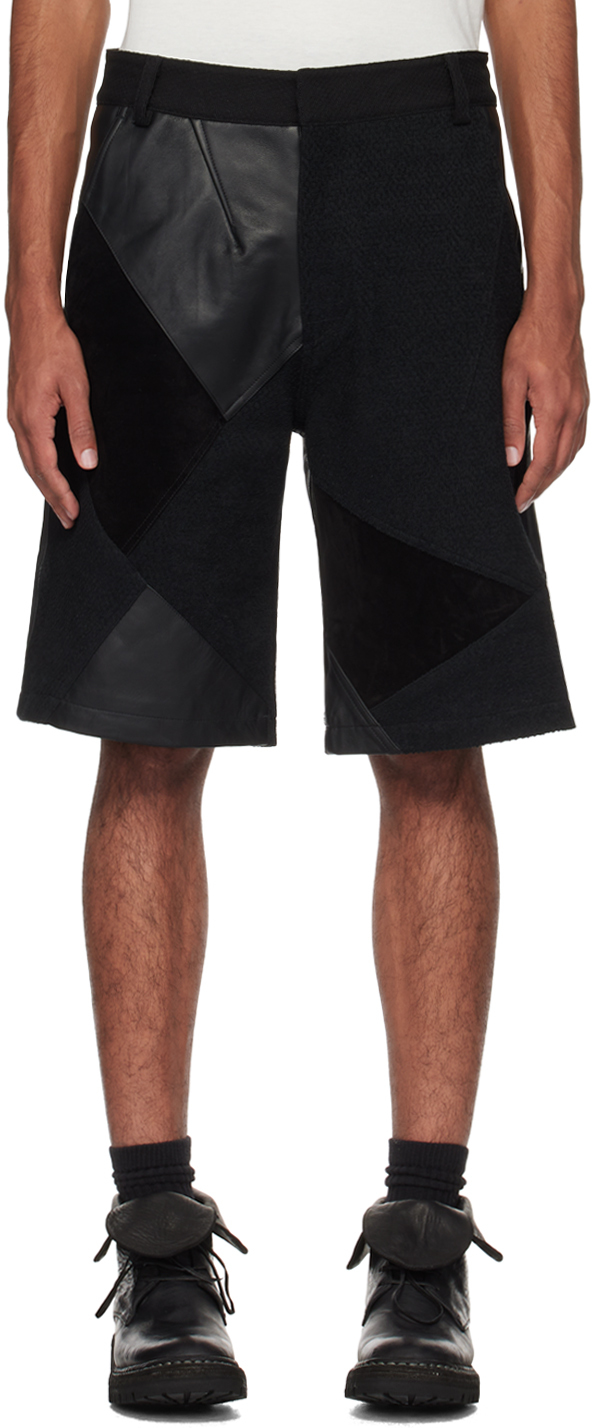 Black Paneled Leather Shorts