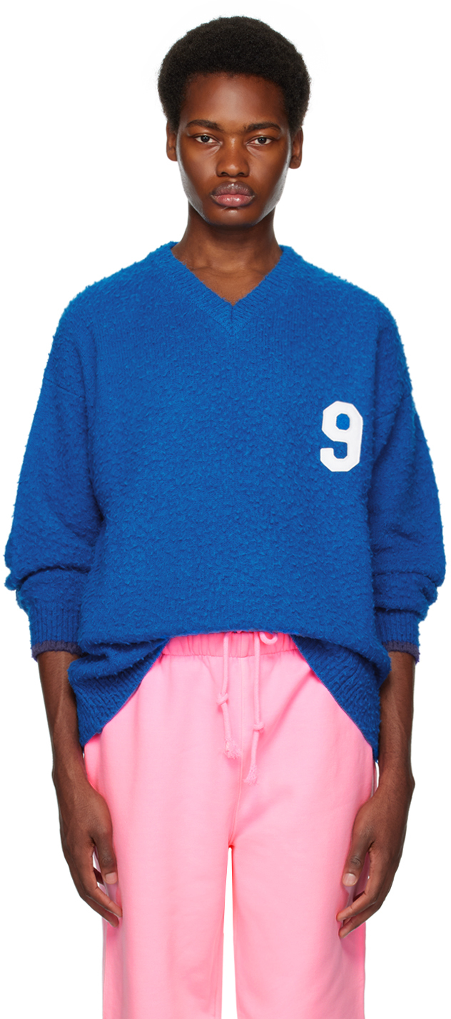 Erl Unisex V-neck Knit Football Sweater In Blue