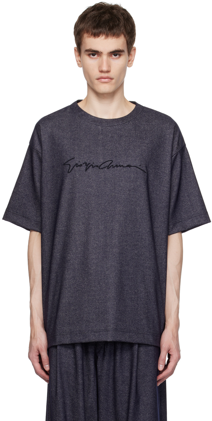 Giorgio Armani Indigo Embroidered T-shirt In Blu Melange