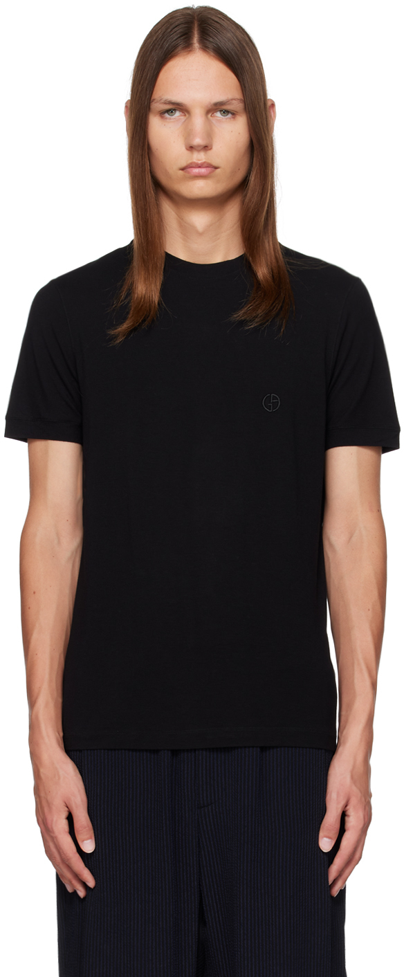 Black Embroidered T-Shirt by Giorgio Armani on Sale