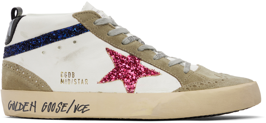 Golden Goose Taupe & White Mid Star Sneakers