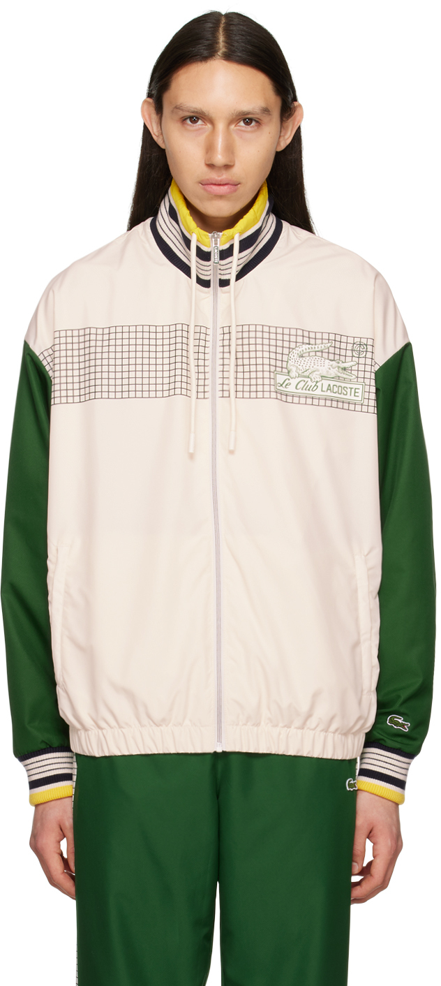 Off-White & Green Paneled Bomber Jacket by Lacoste on Sale