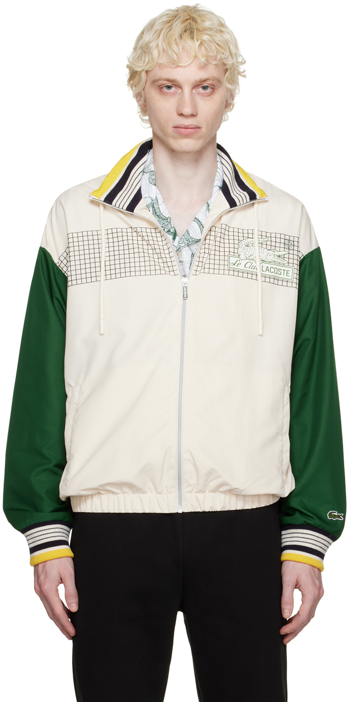 Off-White & Green Printed Bomber Jacket by Lacoste on Sale