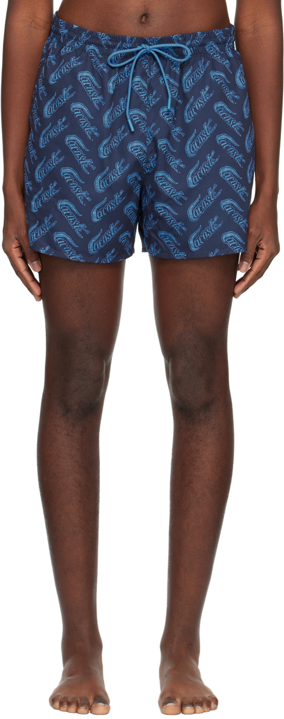 Shop Lacoste Navy Printed Swim Shorts In F65 Navy Blue/ethere