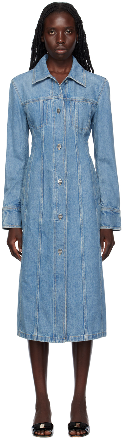 Shop Ferragamo Blue Button Denim Midi Dress In 004 Blu Denim