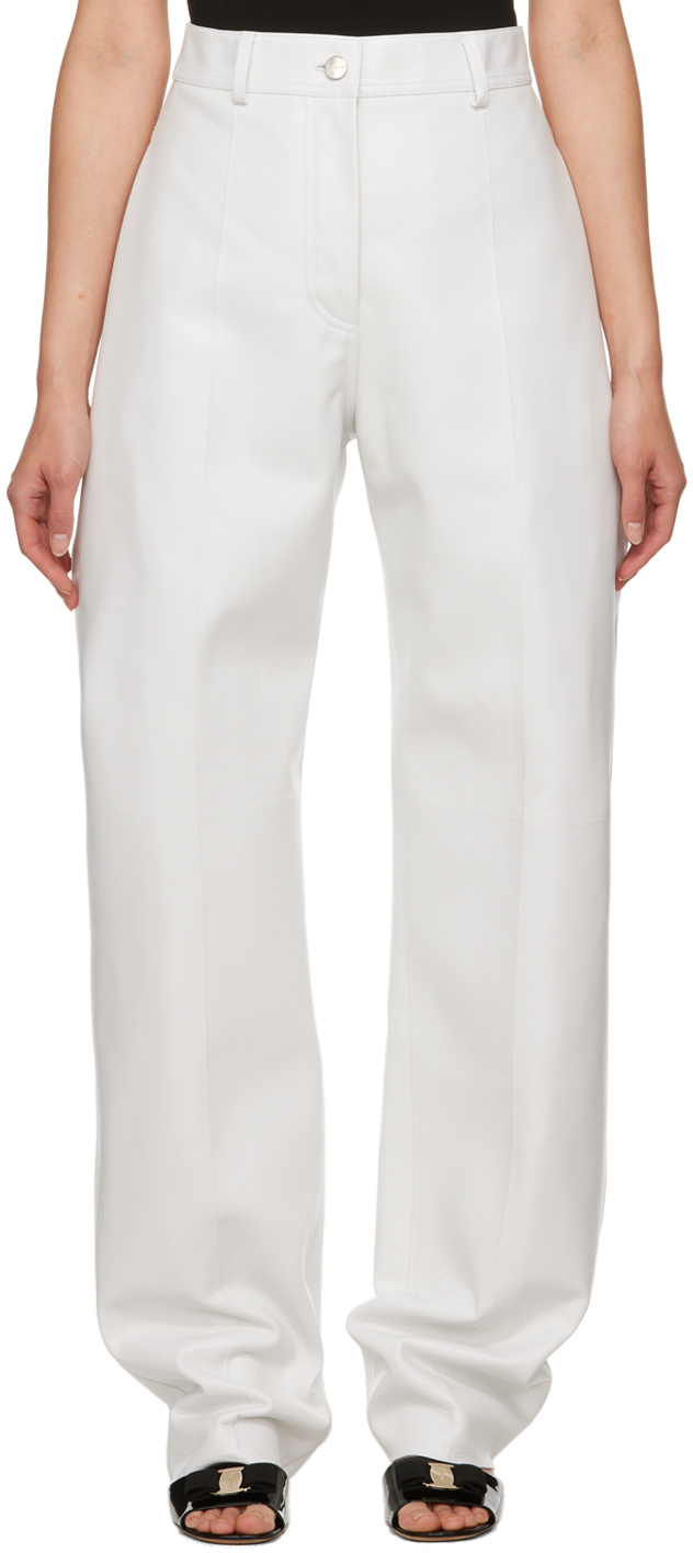 Ferragamo White Creased Leather Pants In 002 Optic White