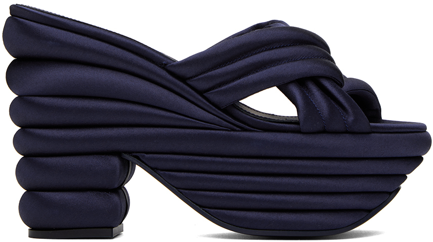 Ferragamo Navy Sculptural Heeled Sandals In 002 Navy/oxf.blu 450