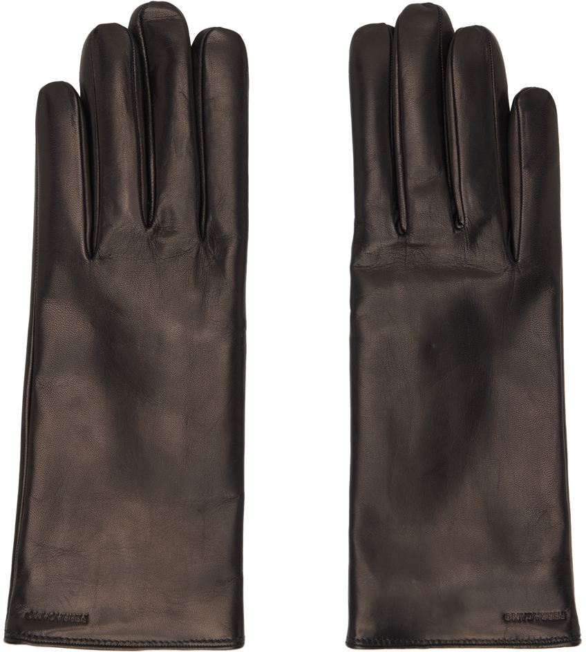 Ferragamo Black Embossed Gloves In Nero