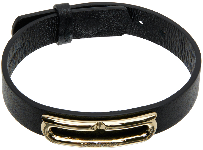 Ferragamo Black Leather Gancini Accent Bracelet