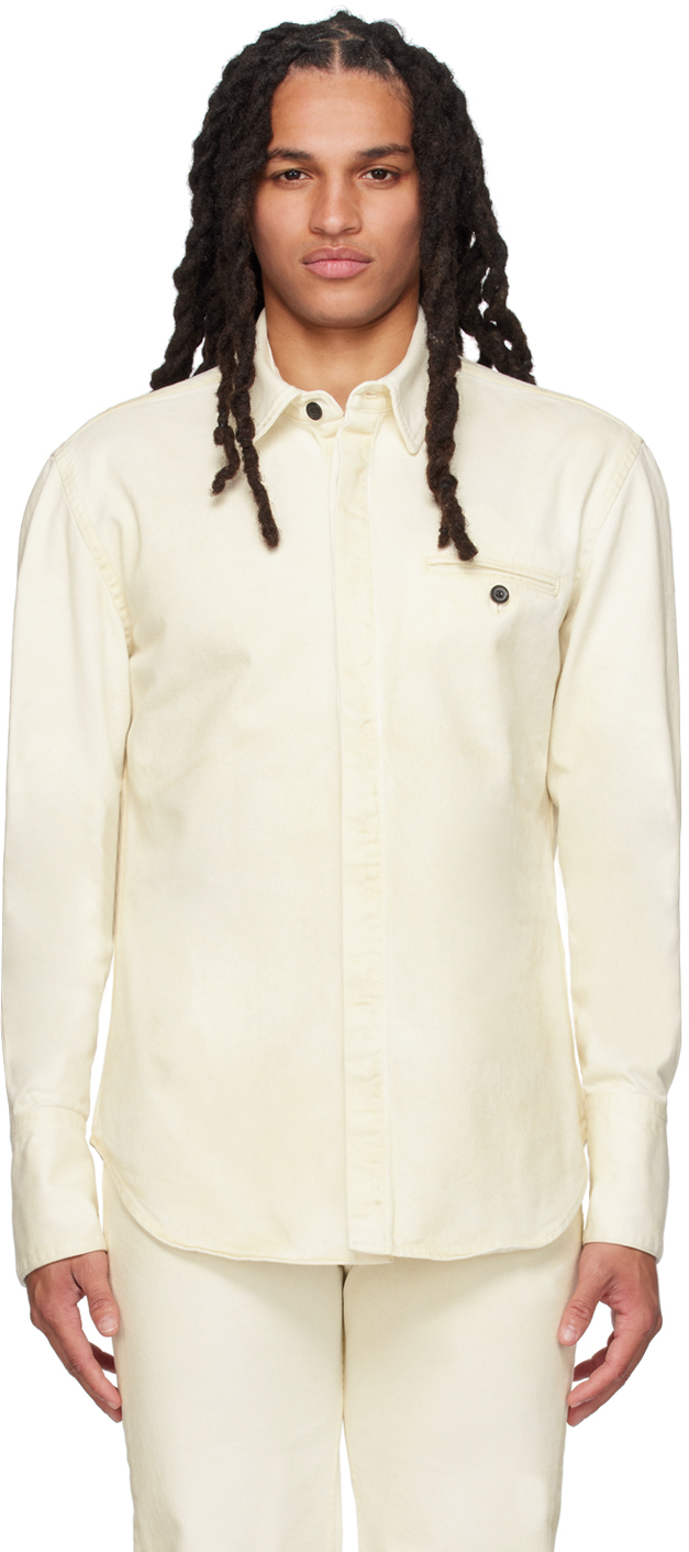 Shop Ferragamo Off-white Spread Collar Denim Shirt In Ecru