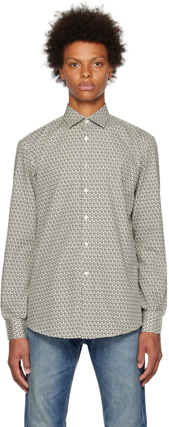 Ferragamo Shirt In Poplin With Gancini Print In Grey