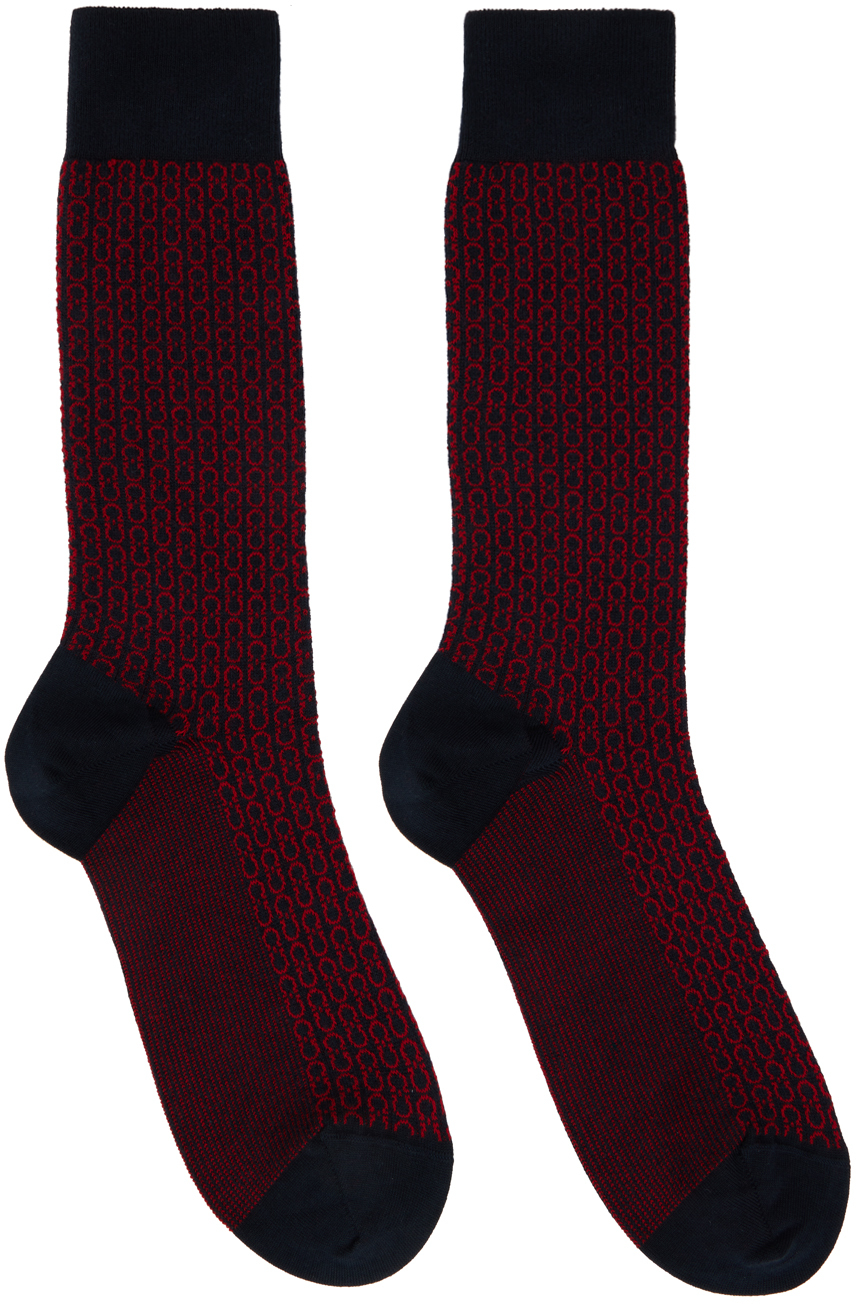 Ferragamo Navy & Red Gancini Socks In Blue/red