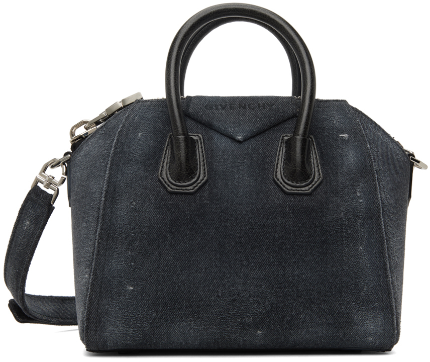 Shop Givenchy Black Mini Antigona Denim Top Handle Bag In 001 Black