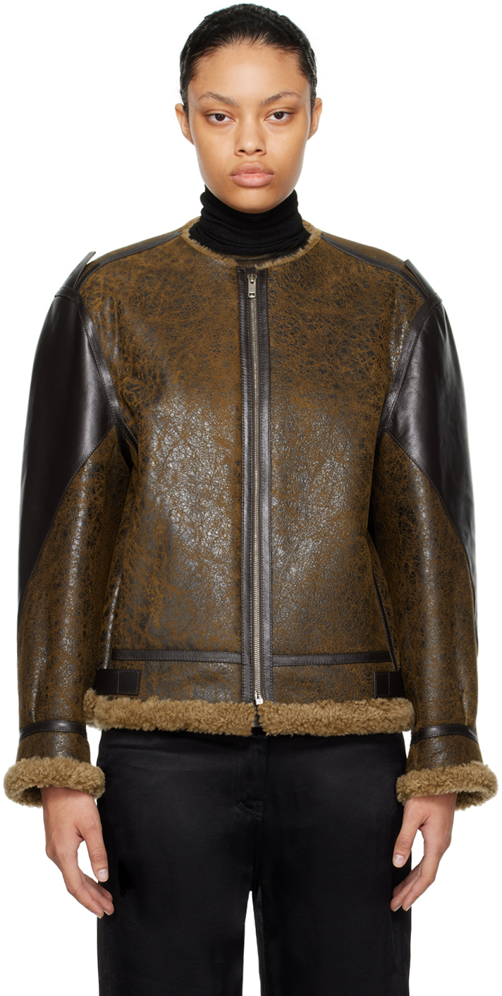 Givenchy Brown Cracked Leather Jacket In 215 Brown Mud