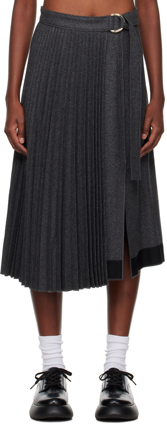 Gray Pleated Wrap Midi Skirt