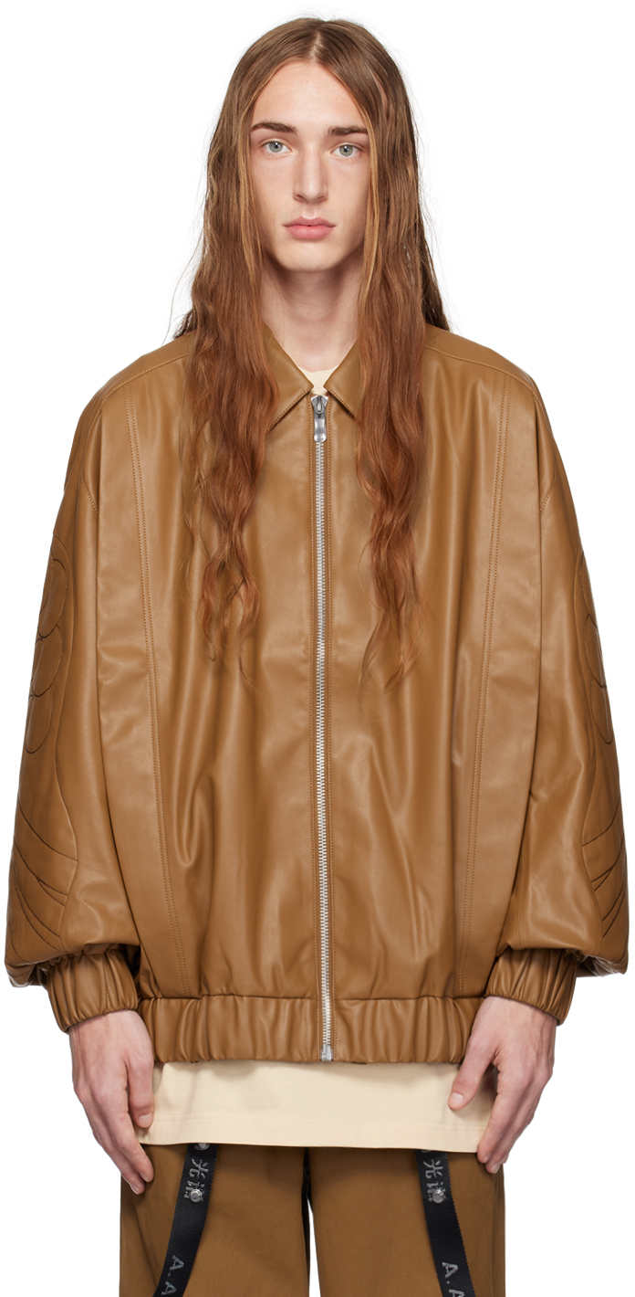 Brown Faux-Leather Bomber Jacket -PREORDER