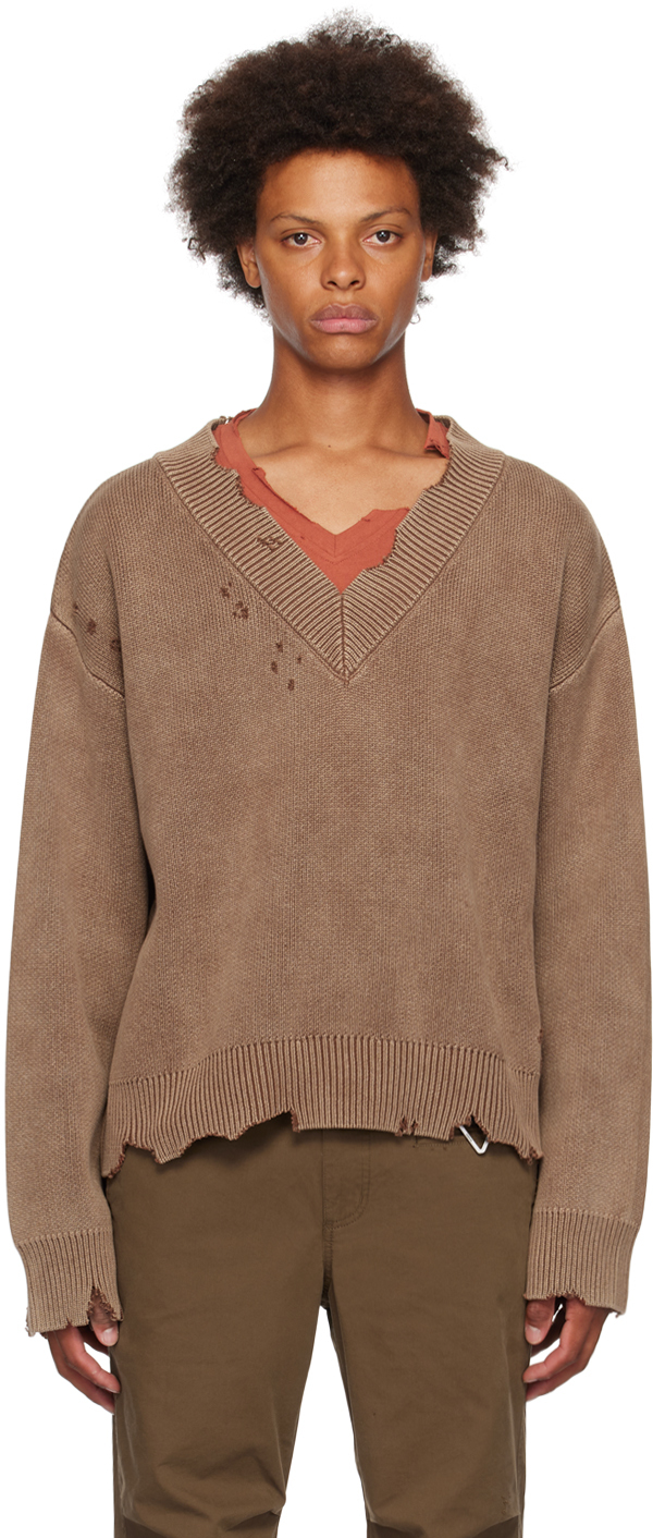C2h4 Brown Distressed Sweater In Ochre Brown