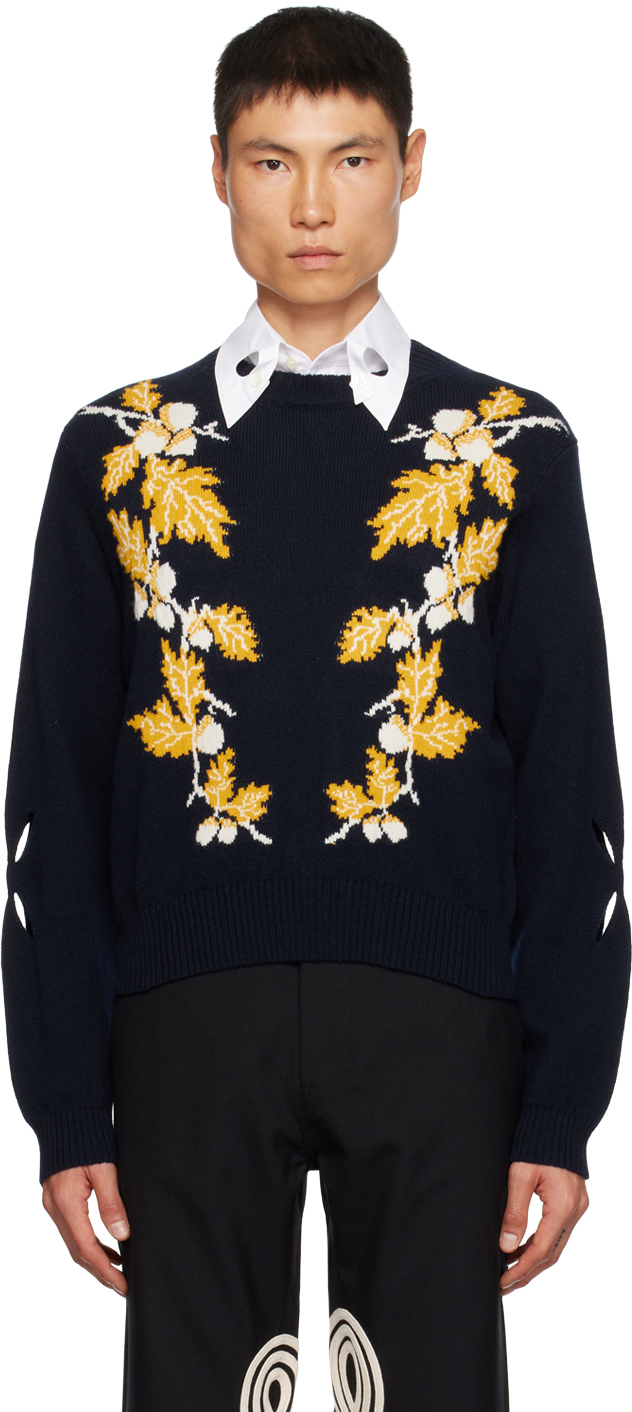 Stefan Cooke Navy Oak Leaf Sweater | ModeSens