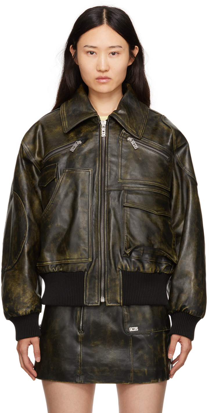 Gcds Workwear Rub-off Leather Bomber Jacket In Black
