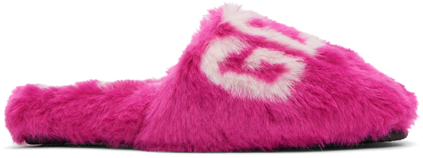 GCDS: Pink Faux-Fur Logo Slippers