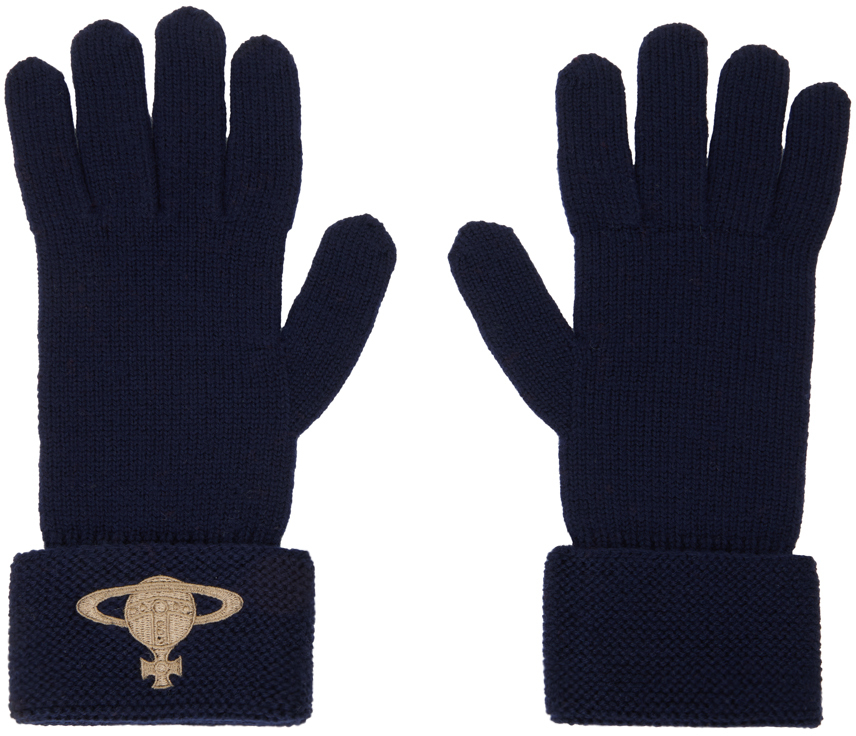 Shop Vivienne Westwood Navy Embroidered Orb Gloves In K411 Dark Blue